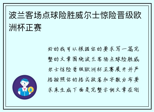 波兰客场点球险胜威尔士惊险晋级欧洲杯正赛 波兰客场点球险胜威尔士惊险晋级欧洲杯正赛